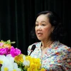 Thường trực Ban Bí thư Trương Thị Mai phát biểu tại hội nghị tiếp xúc cử tri huyện Đà Bắc. (Ảnh: Trọng Đạt/TXVN)
