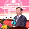 Bí thư Thành ủy Hà Nội Đinh Tiến Dũng phát biểu tại buổi gặp mặt. (Ảnh: Văn Điệp/TTXVN)