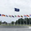 Cờ NATO và quốc kỳ các quốc gia thành viên tại trụ sở ở Brussels, Bỉ. (Ảnh: Kyodo/TTXVN)