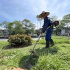 Nhân viên cây xanh Hà Nội đang căng mình làm việc dưới tiết trời gần 40 độ C (ảnh chụp sáng ngày 21/6/2021). (Ảnh: Minh Hiếu/Vietnam+)