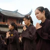 Phật tử thành kính trong lễ cầu quốc thái, dân an tại chùa Tam Chúc. Năm nay, Trung tâm Văn hoá Phật giáo chùa Tam Chúc là địa điểm tổ chức Đại lễ Vesak 2019. (Ảnh minh họa: TTXVN)