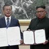 Ông Moon (trái) và ông Kim đã ký vào văn kiện thống nhất ra tuyên bố chung. (Nguồn: KBS) 