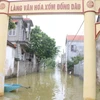 Cả thôn ngập trong nước, người dân phải di chuyển bằng xuồng. (Ảnh: Sơn Bách/Vietnam+)