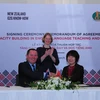 Hai bên ký kết thỏa thuận hợp tác dưới sự chứng kiến của Đại sứ Đại sứ New Zealand tại Việt Nam, bà Wendy Matthews. (Ảnh: PV)