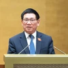 Bộ trưởng Bộ Tài chính Hồ Đức Phớc, thừa ủy quyền của Thủ tướng Chính phủ trình bày Tờ trình về dự thảo Nghị quyết về một số cơ chế, chính sách đặc thù. (Ảnh: CTV/Vietnam+)