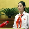 Em Đặng Cát Tiên trong vai Chủ tịch Quốc hội tại Phiên họp giả định Quốc hội Trẻ em. (Ảnh: PV/Vietnam+)