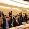 Bộ trưởng Ngoại giao Bùi Thanh Sơn và Đại sứ phái đoàn thường trực Việt Nam tại Geneva Mai Phan Dũng cùng đoàn công tác của Việt Nam tham dự Phiên họp thường kỳ lần thứ 55 của Hội đồng Nhân quyền Liên hợp quốc. (Ảnh: Nguyễn Anh Hiển/TTXVN)