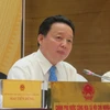 Bộ trưởng Trần Hồng Hà đang nói về Formosa tại buổi họp báo do Văn phòng Chính phủ tổ chức. (Ảnh: Đức Duy/Vietnam+)