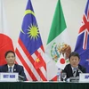  Bộ trưởng Bộ Công Thương Trần Tuấn Anh và Bộ trưởng Tái thiết kinh tế Nhật Bản Toshimitsu Motegi chỉ trì họp báo về TPP. (Ảnh: TTXVN)