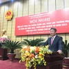 Phó Chủ tịch UBND thành phố Hà Nội phát biểu tại Hội nghị triển khai nhiệm vụ của lực lượng 389 Hà Nội. (Ảnh: Xuân Quảng/Vietnam+)
