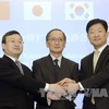 Trợ lý Bộ trưởng Thương mại Trung Quốc Wang Shouwen (trái), Thứ trưởng Ngoại giao Nhật Bản Yasumasa Nagamine (giữa) và Trợ lý Bộ trưởng Thương mại Hàn Quốc Woo Tae Hee tại vòng đàm phán FTA thứ ba. (Nguồn: Kyodo/TTXVN)