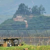 Tiền đồn quân sự Hàn Quốc (phía dưới) và Triều Tiên (phía trên) được nhìn từ thành phố biên giới Paju ngày 21/8. (Nguồn: AFP/TTXVN)