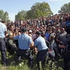 Người di cư phá vỡ rào chắn của cảnh sát để tràn vào thành phố Tovarnik, Croatia, gần biên giới Serbia ngày 17/9. (Nguồn: AFP/TTXVN)