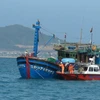 Tàu cá BĐ 97153-TS cùng 12 ngư dân vào bờ an toàn. (Ảnh: Nguyên Lý/TTXVN)