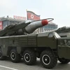 Tên lửa Musudan trong lễ duyệt binh của Triều Tiên ở thủ đô Bình Nhưỡng ngày 31/5. (Nguồn: EPA/TTXVN)