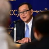 Ông Sam Rainsy trong một buổi họp báo tại thủ đô Tokyo, Nhật Bản, ngày 10/11/2015. (Nguồn: AFP/TTXVN)
