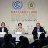 Người phát ngôn COP22 Nick Nuttall(trái), Thư ký COP22 Patricia Espinosa (giữa) và Chủ tịch COP22 Salaheddine Mezouar (phải) tại cuộc họp báo ở Marakech ngày 6/11. (Nguồn: EPA/TTXVN)