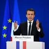 Ứng cử viên Emmanuel Macron phát biểu sau khi kết quả vòng một cuộc bầu cử Tổng thống Pháp được công bố ở Paris ngày 23/4. (Nguồn: AFP/TTXVN)