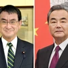 Ngoại trưởng Nhật Bản Taro Kono (trái) và Ngoại trưởng Trung Quốc Vương Nghị. (Nguồn: Kyodo) 