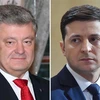 Ứng viên tranh cử Tổng thống Ukraine Volodymyr Zelensky (phải) và đương kim Tổng thống Petro Poroshenko. (Nguồn: AFP/TTXVN) 