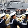 Lực lượng hải quân thuộc Quân Giải phóng Nhân dân Trung Quốc tại lễ đón tàu tuần dương Varyag của Nga tham gia cuộc tập trận Joint Sea-2019 tại Thanh Đảo, tỉnh Sơn Đông ngày 29/4/2019. (Nguồn: THX/TTXVN) 
