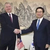 Đặc phái viên Mỹ về Triều Tiên Stephen Biegun (trái) và người đồng cấp Hàn Quốc Lee Do Hoon (phải) tại cuộc gặp ở Seoul ngày 16/12/2019. (Nguồn: Kyodo/TTXVN) 
