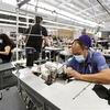 Công nhân làm việc tại nhà máy ở thành phố Vernon, Los Angeles, California, Mỹ ngày 16/4/2020. (Nguồn: THX/TTXVN) 