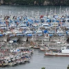 Tàu thuyền neo đậu tránh bão Haishen tại cảng ở thành phố Seogwipo, đảo Jeju, Hàn Quốc, ngày 6/9/2020. (Nguồn: Yonhap/TTXVN) 