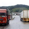 Các xe container chờ làm thủ tục xuất khẩu hàng nông sản tại cửa khẩu quốc tế đường bộ số II Kim Thành, Lào Cai. (Ảnh: Quốc Khánh/TTXVN) 