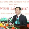 Bí thư Thành ủy Hà Nội Vương Đình Huệ phát biểu khai mạc hội nghị. (Ảnh: Văn Điệp/TTXVN) 