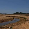 Lòng hồ Đankia ở phía thượng nguồn bị thu hẹp thành một dòng nước nhỏ trong mùa khô năm 2021. (Ảnh: Nguyễn Dũng/TTXVN) 