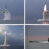 Một tên lửa đạn đạo kiểu mới được phóng thử từ tàu ngầm tại vùng biển ở Sinpo, Triều Tiên ngày 19/10/2021. (Ảnh: YONHAP/TTXVN) 