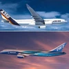 Máy bay Airbus A350-800 (trên) và Boeing 787 (dưới). (Ảnh: AFP/TTXVN) 
