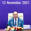 Chủ tịch nước Nguyễn Xuân Phúc tham dự Hội nghị các nhà Lãnh đạo kinh tế APEC lần thứ 28 được tổ chức theo hình thức trực tuyến. (Ảnh: Thống Nhất/TTXVN)