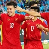 Các cầu thủ U23 Việt Nam ăn mừng bàn thắng mở tỷ số, cũng là bàn thắng duy nhất của trận đấu từ pha đánh đầu hiểm hóc của Trần Bảo Toàn ở phút 45+1. (Ảnh: VFF/TTXVN phát) 