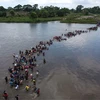 Người di cư El Salvador từ Ciudad Tecun Uman, Guatemala, vượt sông Suchiate ở Mexico trong hành trình tới Mỹ. (Ảnh: AFP/TTXVN) 