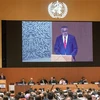 Tổng Giám đốc Tổ chức Y tế thế giới (WHO) Tedros Adhanom Ghebreyesus phát biểu khai mạc Kỳ họp Đại hội đồng Y tế Thế giới (WHA) lần thứ 75 tại Geneva (Thụy Sĩ) ngày 22/5/2022. (Ảnh: AFP/TTXVN) 