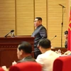 Nhà lãnh đạo Triều Tiên Kim Jong-un phát biểu tại một cuộc họp ở Bình Nhưỡng. (Ảnh: KCNA/TTXVN)