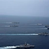Tàu của hải quân các nước Mỹ, Nhật Bản, Australia và Ấn Độ tham gia cuộc tập trận hải quân chung Malabar ở Vịnh Bengal, Ấn Độ Dương, ngày 12/10/2020. (Ảnh: AFP/TTXVN) 