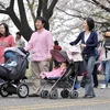 Cha mẹ đưa trẻ nhỏ đi dạo trong công viên ở Seoul, Hàn Quốc. (Ảnh: AFP/TTXVN)