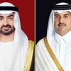 Tổng thống UAE Sheikh Mohamed bin Zayed Al Nahyan và Quốc vương Qatar Sheikh Tamim bin Hamad Al Thani. (Nguồn: WAM)