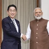 Thủ tướng Ấn Độ Narendra Modi (phải) và Thủ tướng Nhật Bản Fumio Kishida tại cuộc gặp ở New Delhi ngày 20/3/2023. (Ảnh: Kyodo/TTXVN)