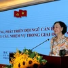 Bà Trương Thị Mai, Ủy viên Bộ Chính trị, Thường trực Ban Bí thư, Trưởng Ban Tổ chức Trung ương Đảng, phát biểu tại hội nghị. (Ảnh: Thanh Vũ/TTXVN)