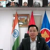 Đại sứ Việt Nam tại Ấn Độ Nguyễn Thanh Hải phát biểu trực tuyến tại hội nghị. (Ảnh: Ngọc Thúy/TTXVN)