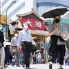 Người dân di chuyển dưới tiết trời nắng nóng tại Nagoya, Nhật Bản. (Ảnh: Kyodo/TTXVN)
