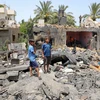 Những ngôi nhà bị phá hủy sau cuộc không kích của Israel xuống thị trấn Beit Hanoun, Dải Gaza, ngày 12/5/2023. (Ảnh: THX/TTXVN)
