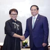 Thủ tướng Phạm Minh Chính tiếp Bộ trưởng Ngoại giao Indonesia Retno Marsudi. (Ảnh: Dương Giang/TTXVN)