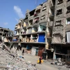 Những tòa nhà bị phá hủy trong cuộc tấn công của Israel vào thành phố Rafah, Dải Gaza ngày 1/5/2024. (Ảnh: THX/TTXVN)
