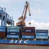 Bốc xếp hàng hóa xuất, nhập khẩu qua cảng Đình Vũ, Hải Phòng. (Ảnh: Trần Việt/TTXVN)