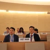 Đại sứ Mai Phan Dũng, Trưởng phái đoàn thường trực của Việt Nam tại Liên hợp quốc, đã phát biểu thay mặt Nhóm nòng cốt Nghị quyết về quyền con người và biến đổi khí hậu. (Ảnh: Anh Hiển/TTXVN)